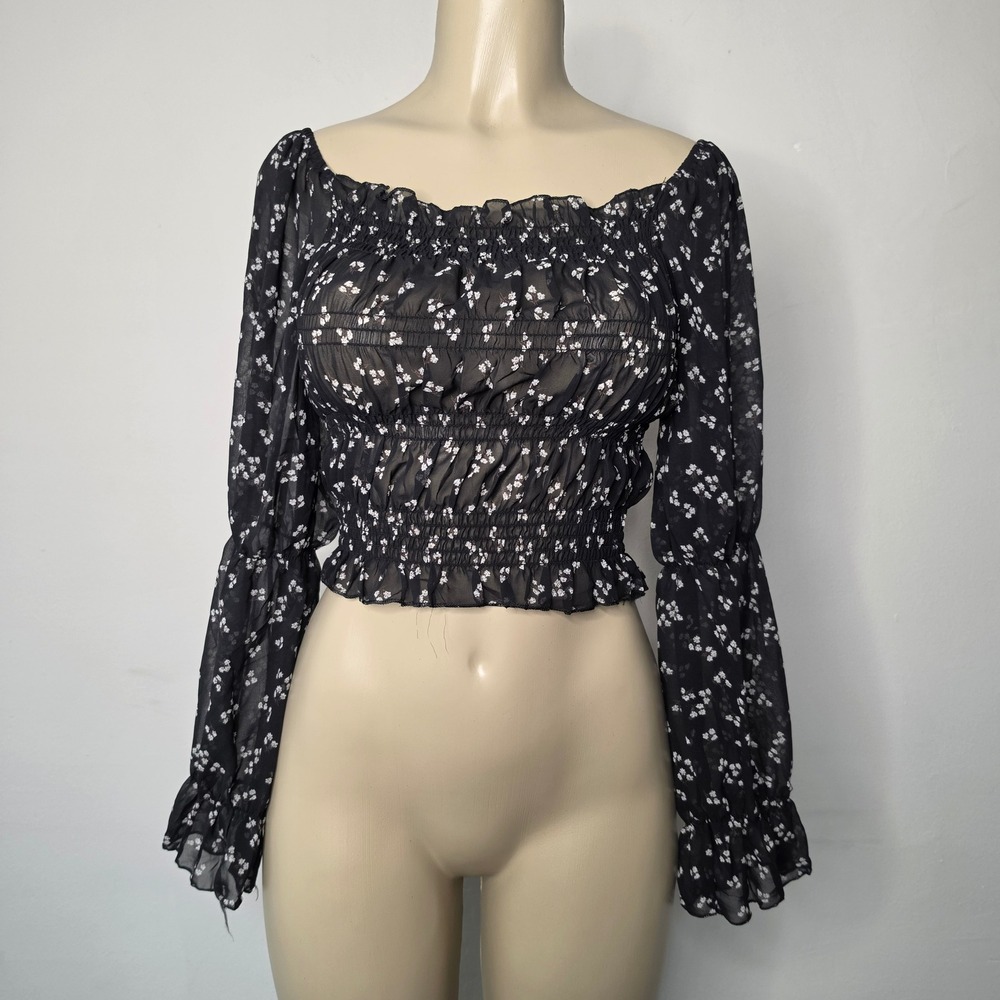 Ofori Fashion Crop Top Womens Small Black Floral Smocked Off Shoulder Chiffon